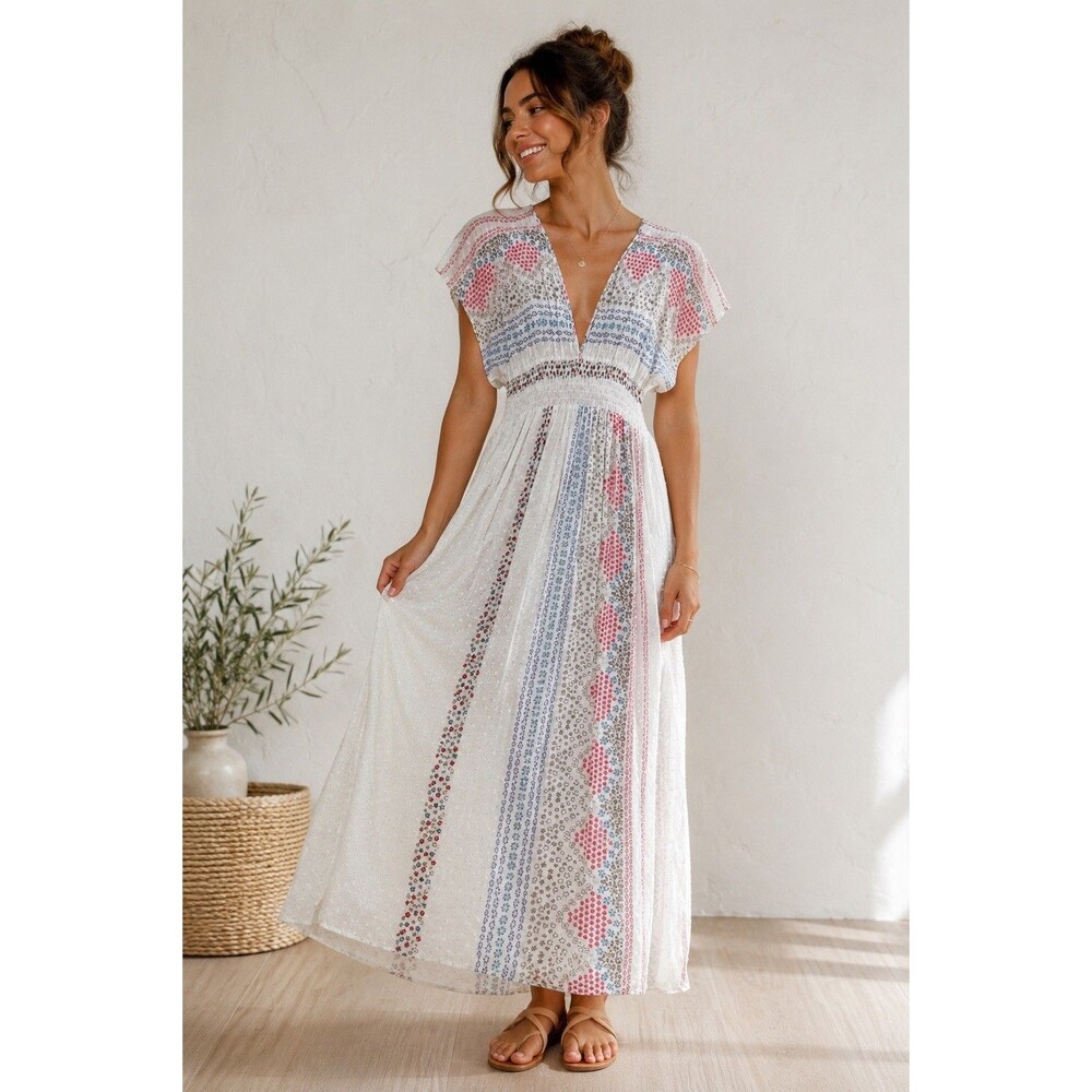 Lovestitch Boho Maxi Dress S/M White Floral Swiss Dot Flutter Sleeve Cover Up - Picture 1 of 9